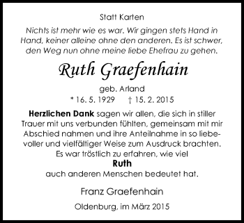 Traueranzeige von Ruth Graefenhain von Nordwest-Zeitung
