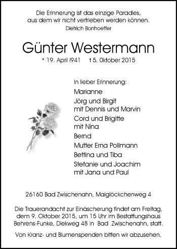 Traueranzeige von Günter Westermann von Nordwest-Zeitung