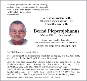 Traueranzeige von Bernd Piepersjohanns von Nordwest-Zeitung