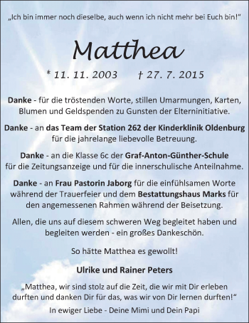 Traueranzeige von Matthea Peters von Nordwest-Zeitung