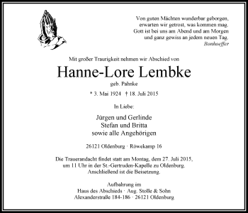 Traueranzeige von Hanne-Lore Lembke von Nordwest-Zeitung