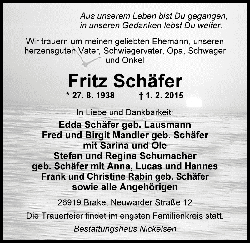  Traueranzeige für Fritz Schäfer vom 05.02.2015 aus Nordwest-Zeitung