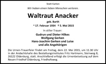 Traueranzeige von Waltraut Anacker von Nordwest-Zeitung