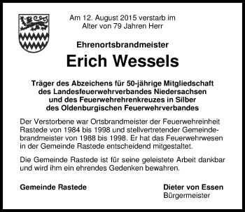 Traueranzeige von Erich Wessels von Nordwest-Zeitung