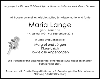 Traueranzeige von Maria Lange von Nordwest-Zeitung