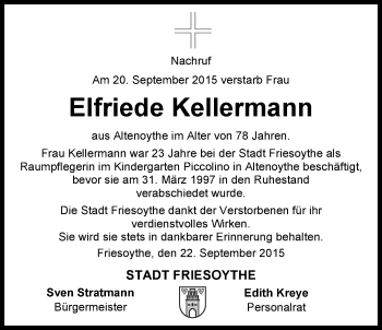Traueranzeige von Elfriede Kellermann von Nordwest-Zeitung