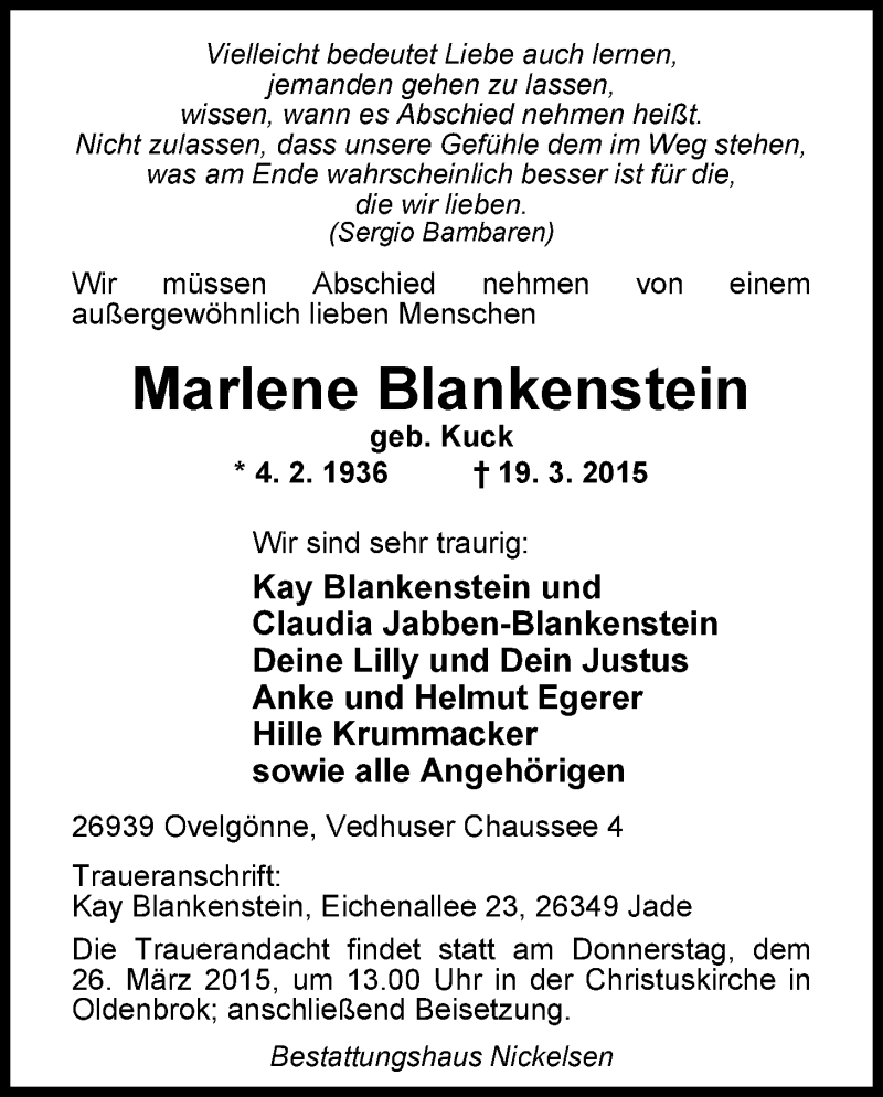  Traueranzeige für Marlene Blankenstein vom 21.03.2015 aus Nordwest-Zeitung