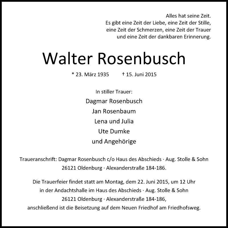  Traueranzeige für Walter Rosenbusch vom 17.06.2015 aus Nordwest-Zeitung