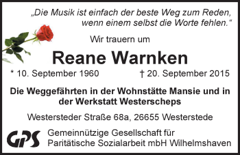 Traueranzeige von Reane Warnken von Nordwest-Zeitung