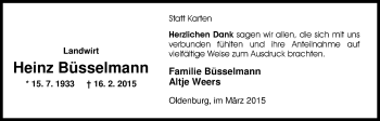 Traueranzeige von Heinz Büsselmann von Nordwest-Zeitung