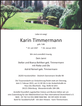Traueranzeige von Karin Timmermann von Nordwest-Zeitung
