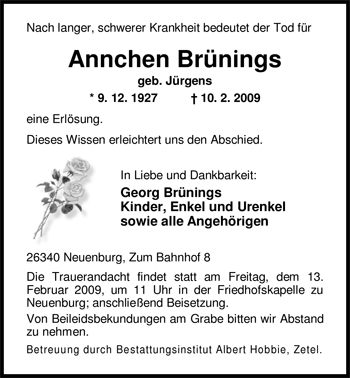 Traueranzeige von Annchen Brünings von Nordwest-Zeitung