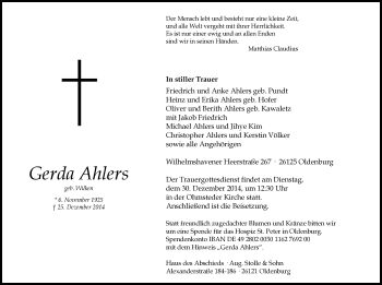 Traueranzeige von Gerda Ahlers von Nordwest-Zeitung