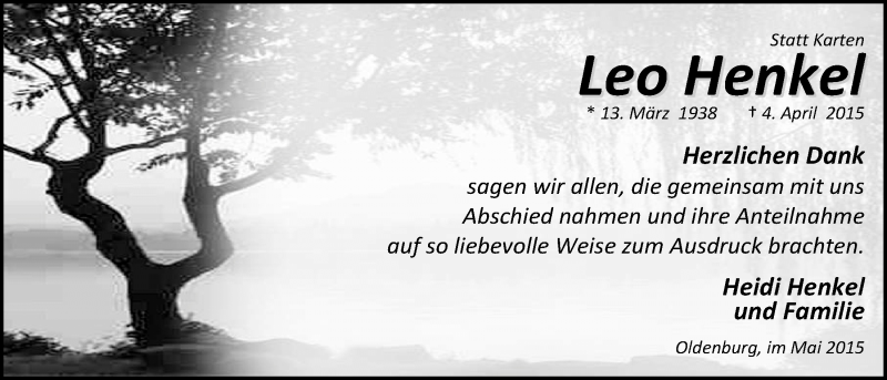  Traueranzeige für Leo Henkel vom 16.05.2015 aus Nordwest-Zeitung