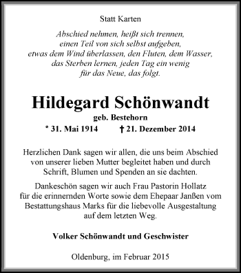 Traueranzeige von Hildegard Schönwandt von Nordwest-Zeitung