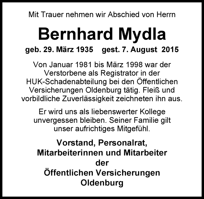  Traueranzeige für Bernhard Mydla vom 15.08.2015 aus Nordwest-Zeitung
