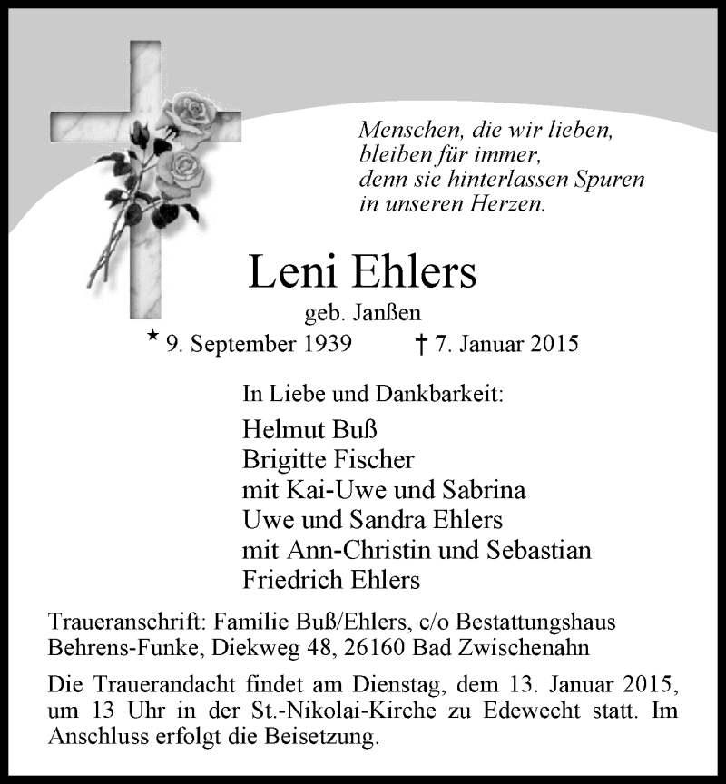  Traueranzeige für Leni Ehlers vom 10.01.2015 aus Nordwest-Zeitung