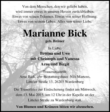 Traueranzeige von Marianne Bick von Nordwest-Zeitung