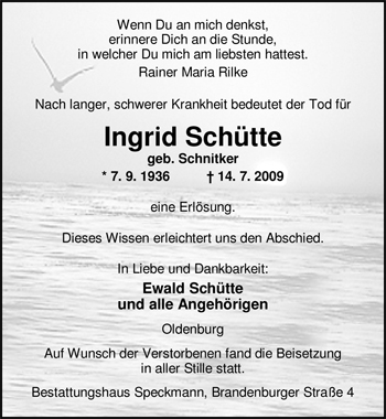 Traueranzeige von Ingrid Schütte von Nordwest-Zeitung