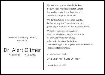 Traueranzeige von Dr. Alert Oltmer von Nordwest-Zeitung