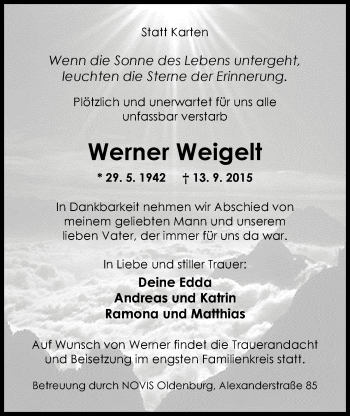 Traueranzeige von Werner Weigelt von Nordwest-Zeitung
