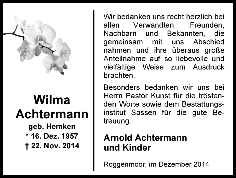  Traueranzeige für Wilma Achtermann vom 30.12.2014 aus Nordwest-Zeitung