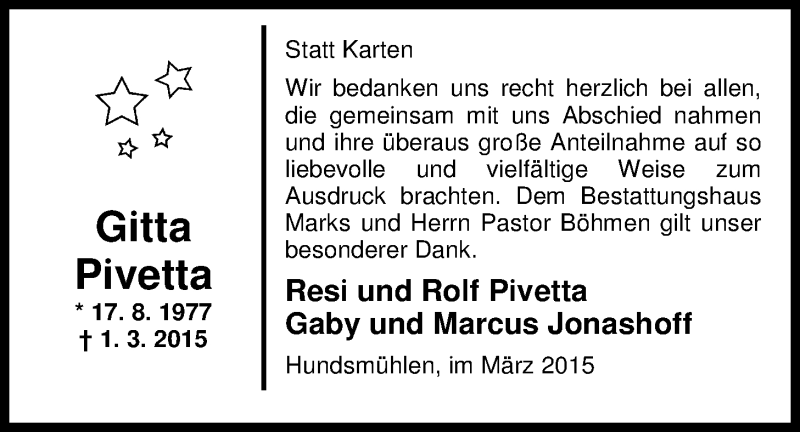  Traueranzeige für Gitta Pivetta vom 25.03.2015 aus Nordwest-Zeitung