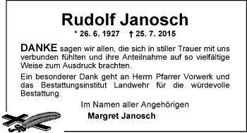 Traueranzeige von Rudolf Janosch von Nordwest-Zeitung