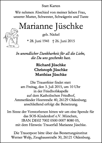 Traueranzeige von Marianne Jüschke von Nordwest-Zeitung