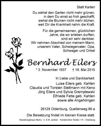 Traueranzeige von Bernhard Eilers von Nordwest-Zeitung