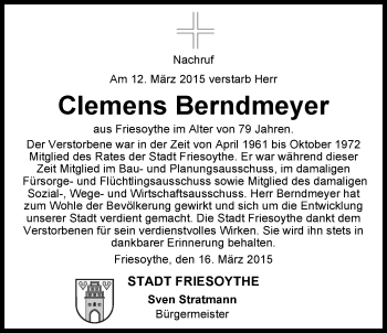 Traueranzeige von Clemens Berndmeyer von Nordwest-Zeitung