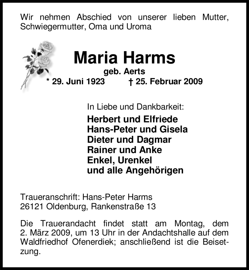  Traueranzeige für Maria Harms vom 27.02.2009 aus Nordwest-Zeitung