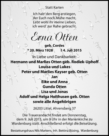 Traueranzeige von Erna Otten von Nordwest-Zeitung