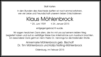 Traueranzeige von Klaus Möhlenbrock von Nordwest-Zeitung