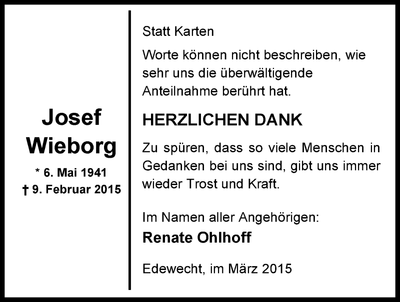  Traueranzeige für Joseph Wieborg vom 21.03.2015 aus Nordwest-Zeitung