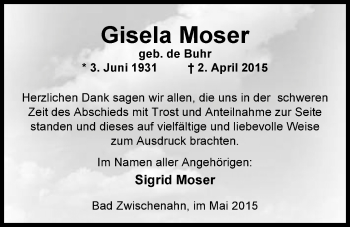 Traueranzeige von Gisela Moser von Nordwest-Zeitung