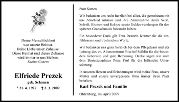 Traueranzeige von Elfriede Prezek von Nordwest-Zeitung