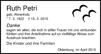 Traueranzeige von Ruth Petri von Nordwest-Zeitung