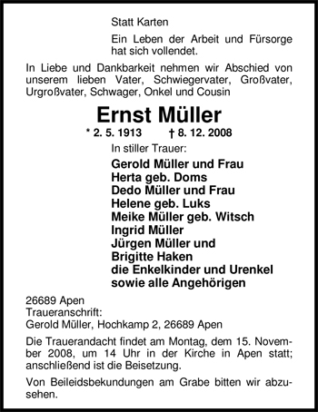 Traueranzeige von Ernst Müller von Nordwest-Zeitung