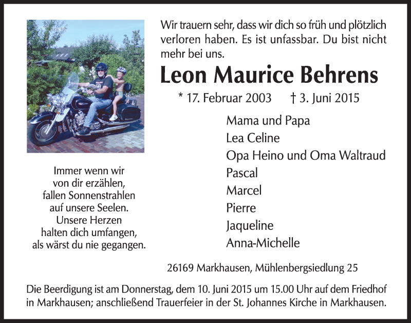  Traueranzeige für Leon Maurice Behrens vom 08.06.2015 aus Nordwest-Zeitung