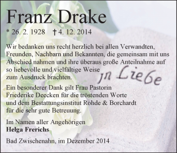 Traueranzeige von Franz Drake von Nordwest-Zeitung