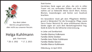 Traueranzeige von Helga Kuhlmann von Nordwest-Zeitung