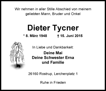 Traueranzeige von Dieter Tycner von Nordwest-Zeitung