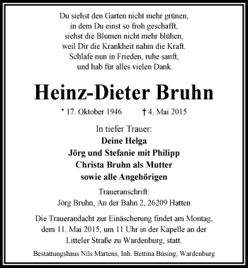 Traueranzeige von Heinz-Dieter Bruhn von Nordwest-Zeitung