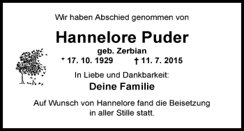 Traueranzeige von Hannelore Puder von Nordwest-Zeitung