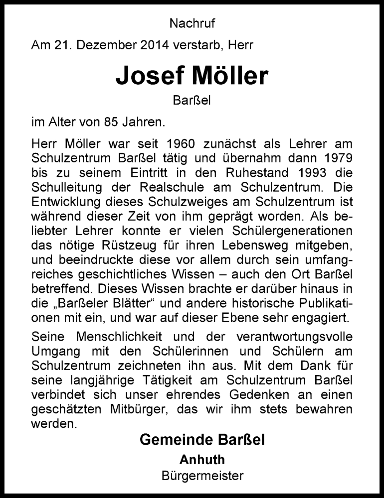  Traueranzeige für Josef Möller vom 23.12.2014 aus Nordwest-Zeitung