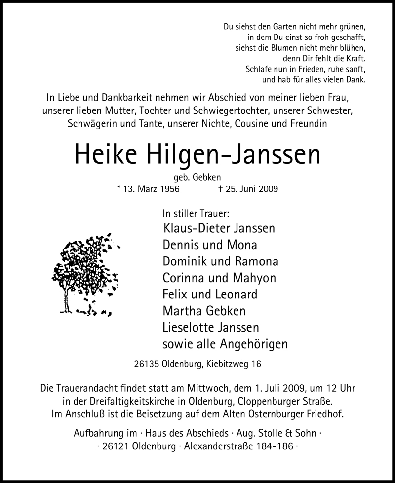  Traueranzeige für Heike Hilgen-Janssen vom 27.06.2009 aus Nordwest-Zeitung