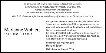 Traueranzeige von Marianne Wohlers von Nordwest-Zeitung