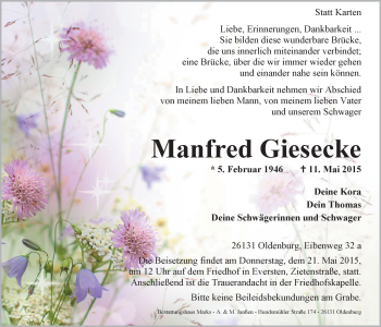 Traueranzeige von Manfred Giesecke von Nordwest-Zeitung