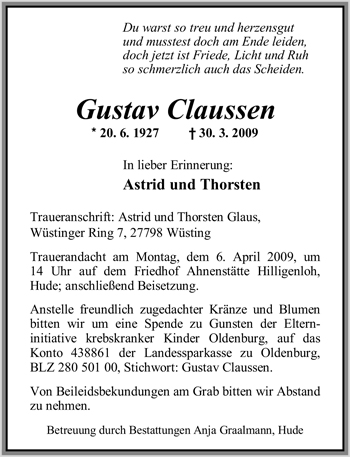 Traueranzeige von Gustav Claussen von Nordwest-Zeitung